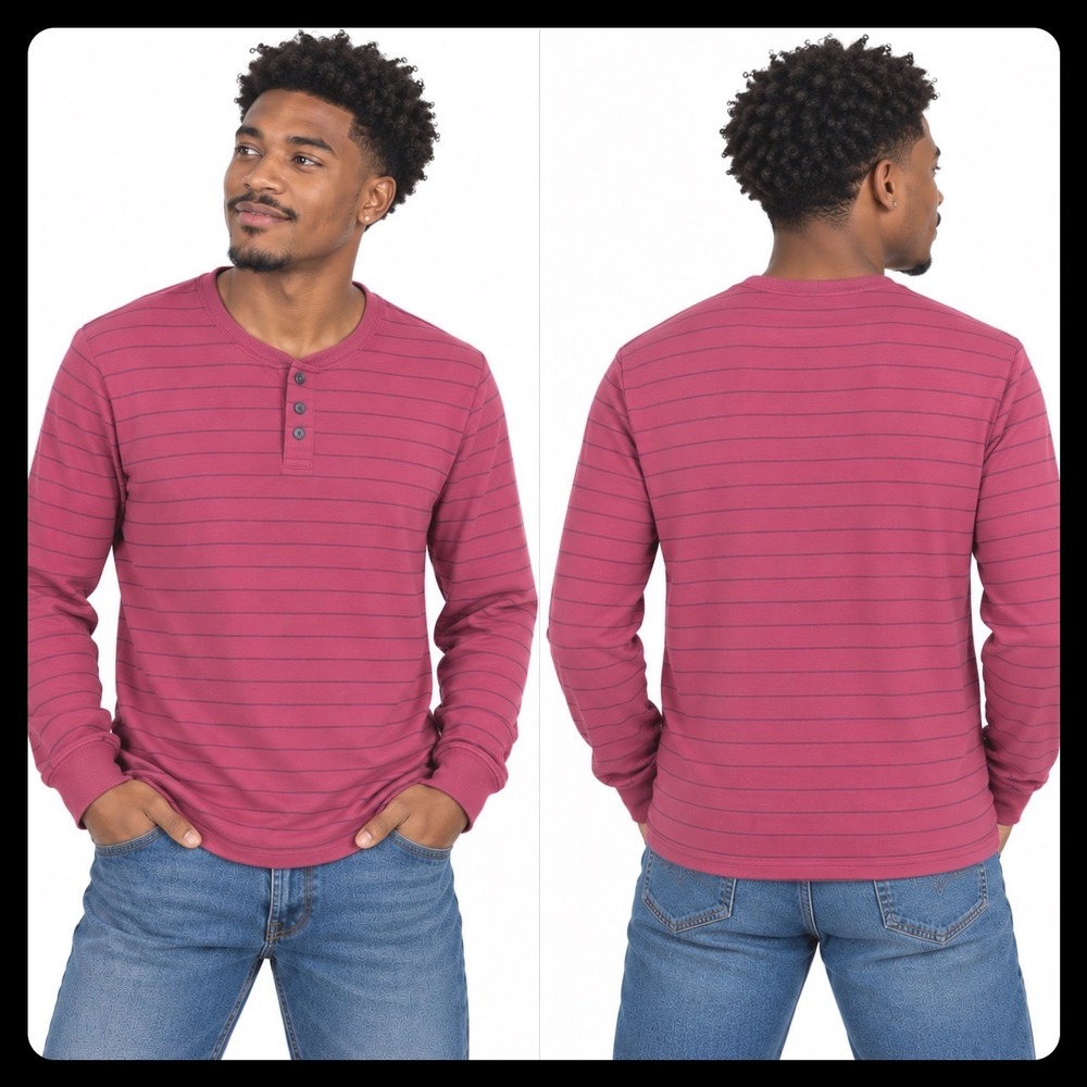 Marine Layer Henley Shirt Men Medium Pink Striped Long Sleeve Buttons Preppy